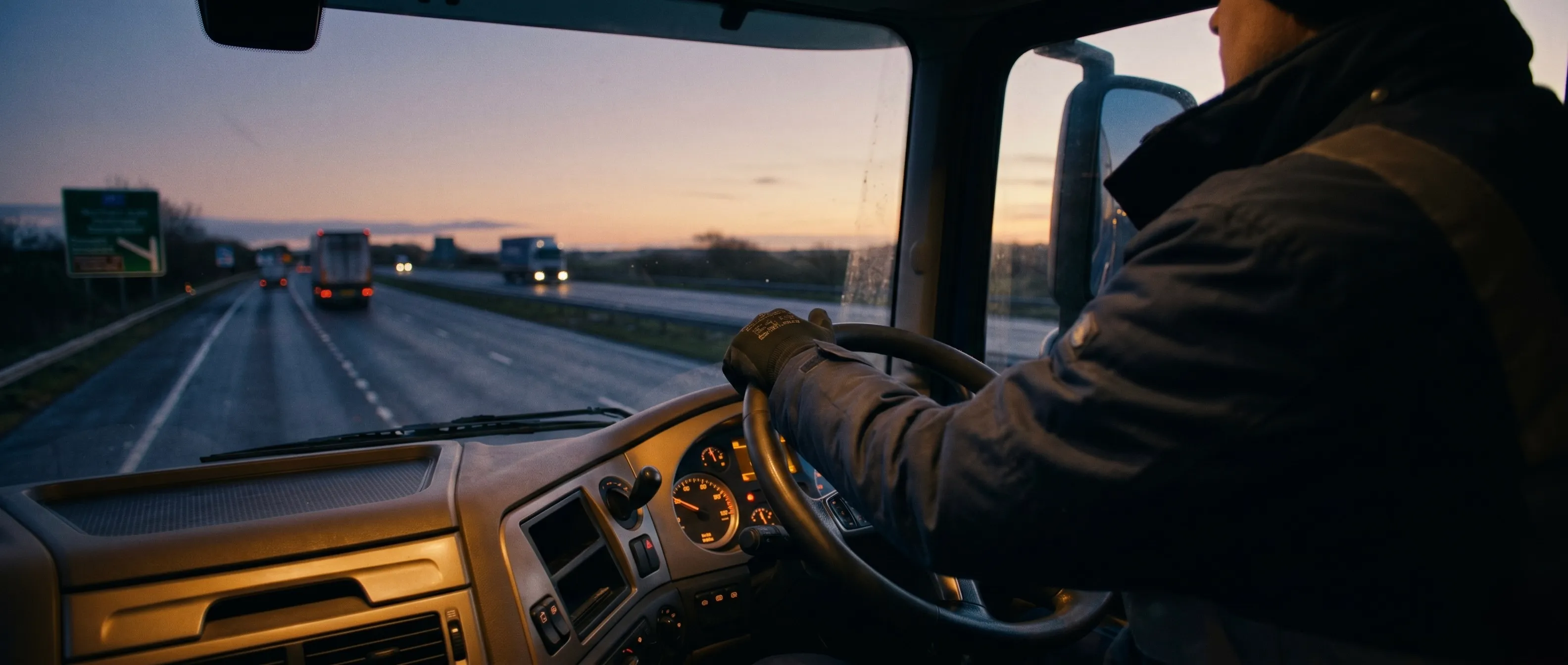 Driver at the wheel of a tractor unit on a Northern Ireland motorway at dawn